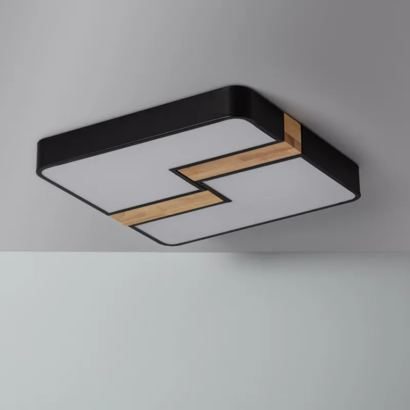 Plafonnier led 35w cct-carré 48cm-3000k-4000k-6000k métal noir et décor bois