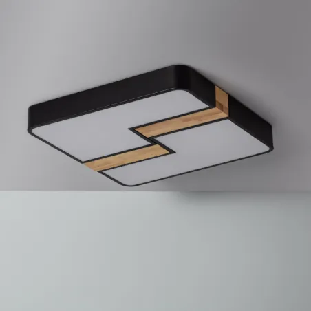 Plafonnier led 35w cct-carré 48cm-3000k-4000k-6000k métal noir et décor bois