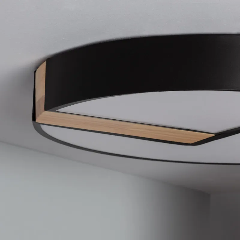 Plafonnier led 27w cct-rond 48cm-3000k-4000k-6000k métal noir et décor bois