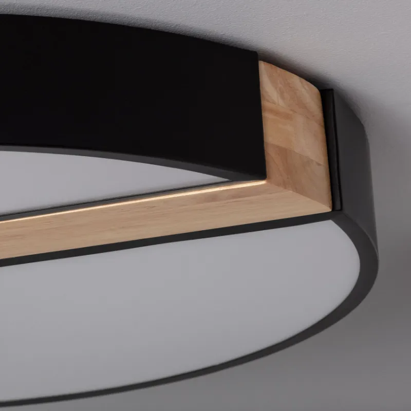 Plafonnier led 27w cct-rond 48cm-3000k-4000k-6000k métal noir et décor bois