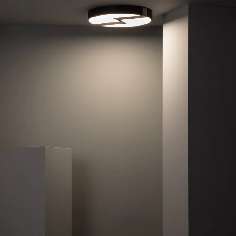 Plafonnier led 27w cct-rond 48cm-3000k-4000k-6000k métal noir et décor bois