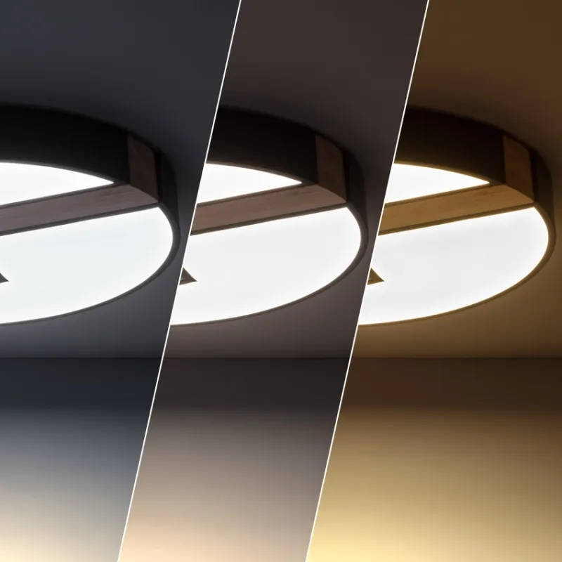 Plafonnier led 27w cct-rond 48cm-3000k-4000k-6000k métal noir et décor bois