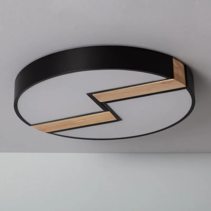 Plafonnier led 27w cct-rond 48cm-3000k-4000k-6000k métal noir et décor bois