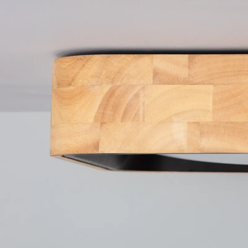 Plafonnier carré led 15w cct bois et métal noir-37cm-3000k-4000k-6000k