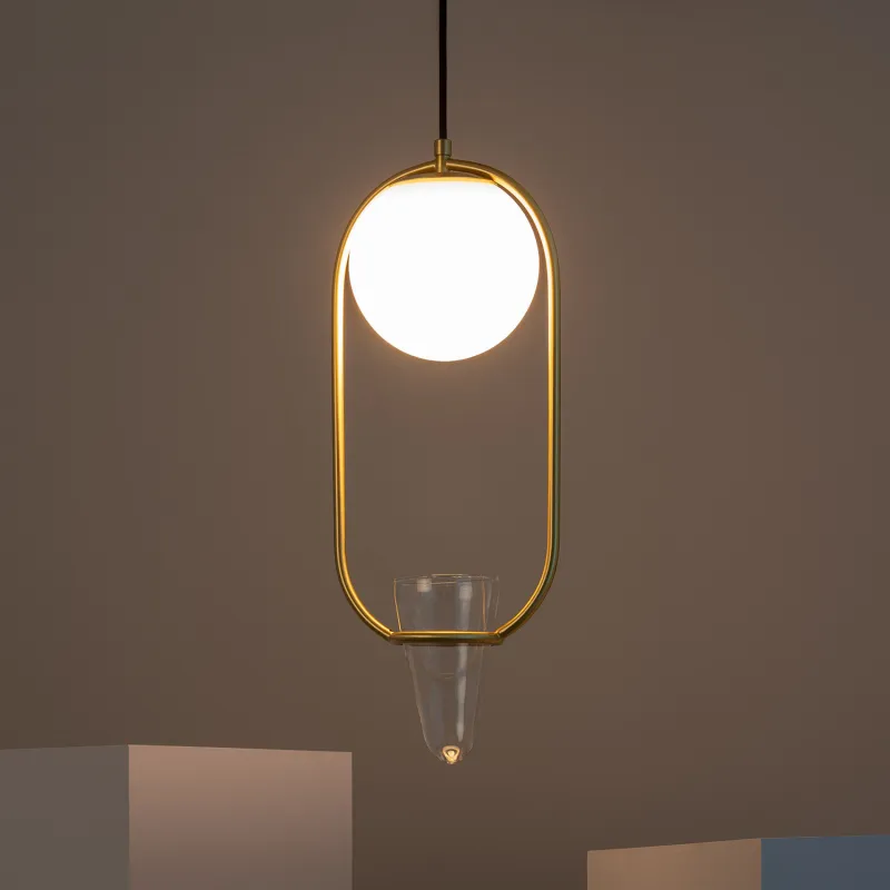 Suspension luminaire suspendu acier doré boule vase culot e27