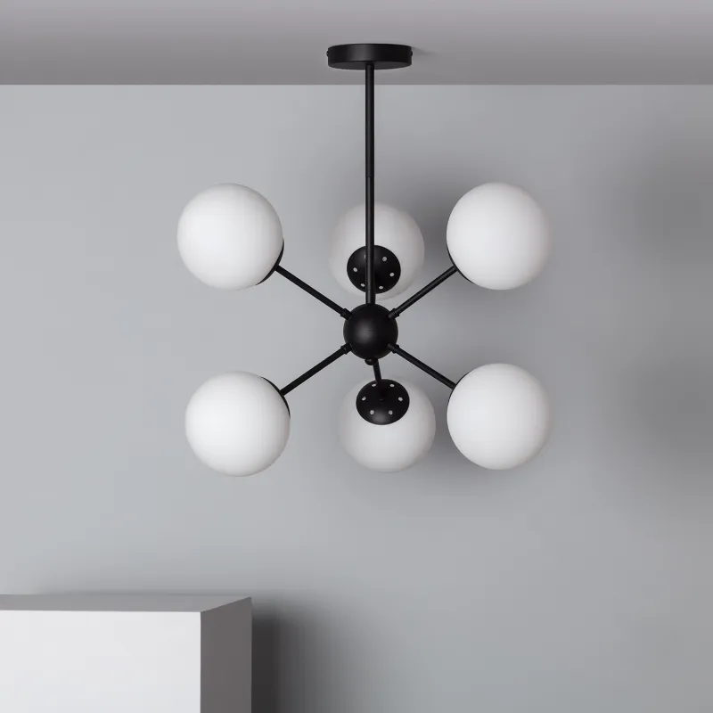 Plafonnier 4 têtes bras métal noir et boules verre culot e27