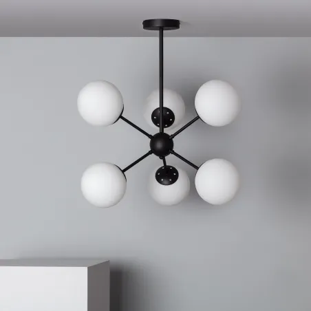 Plafonnier 4 têtes bras métal noir et boules verre culot e27
