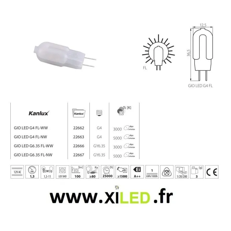 Ampoule g4 led 12v ac/dc-270°- 100 lumens-blanc chaud 3000k