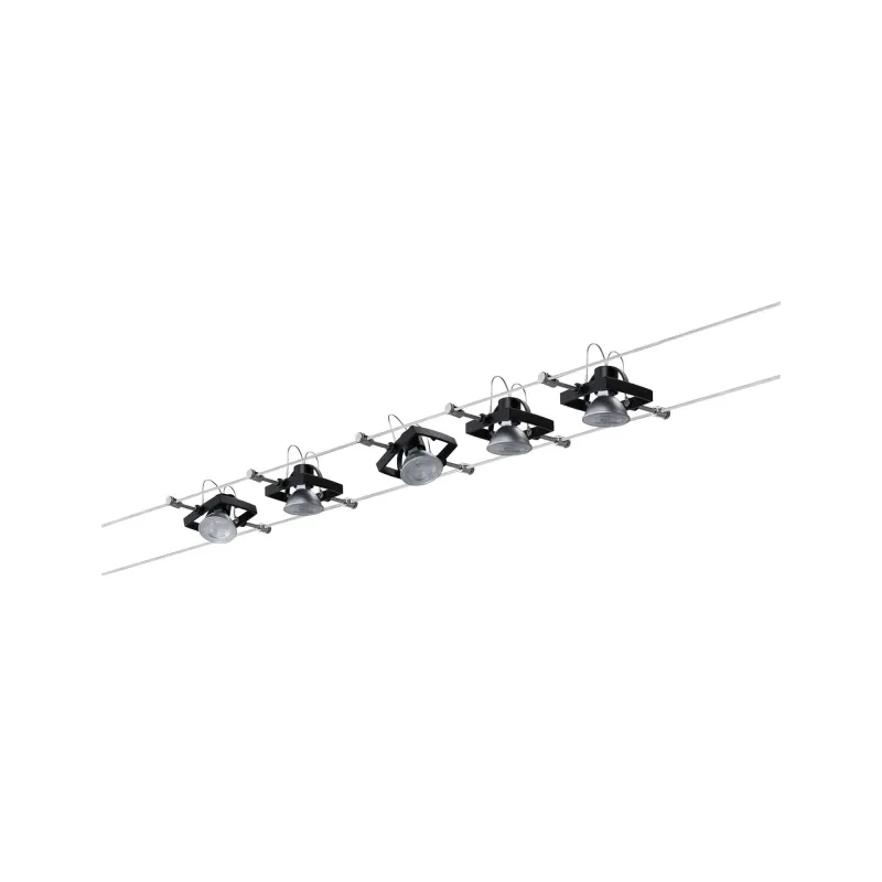 systeme cable tendu Kit Système de corde Mac II noir mat avec 5 spots sans ampoules, max. 10W GU5,3