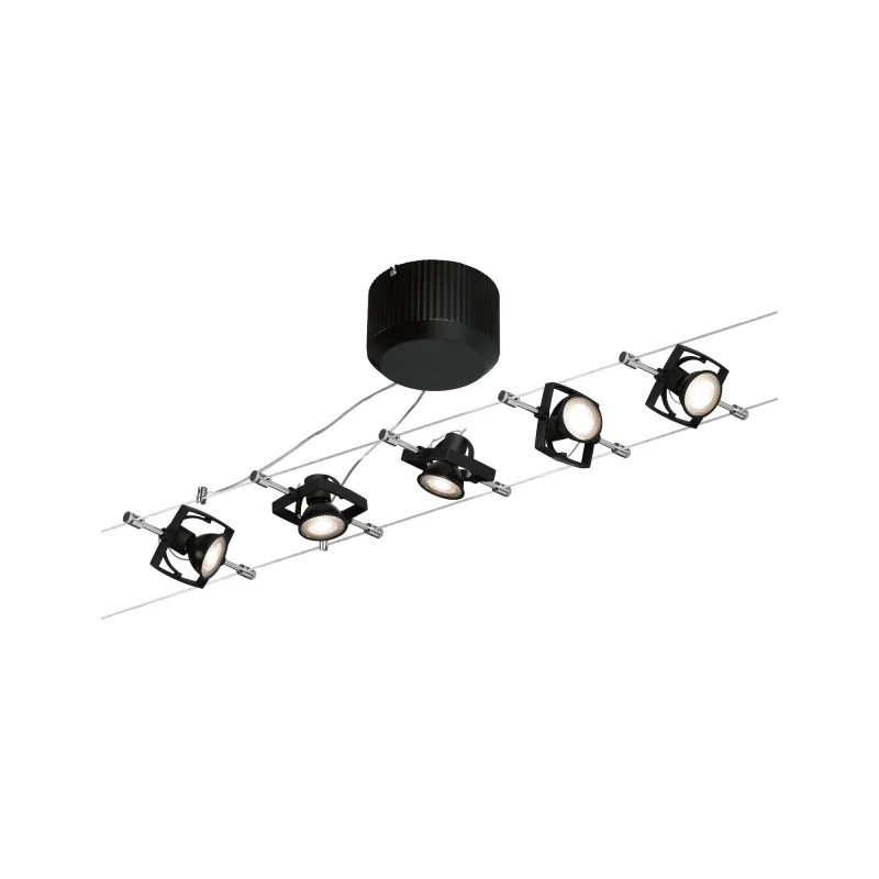 systeme cable tendu Kit Système de corde Mac II noir mat avec 5 spots sans ampoules, max. 10W GU5,3