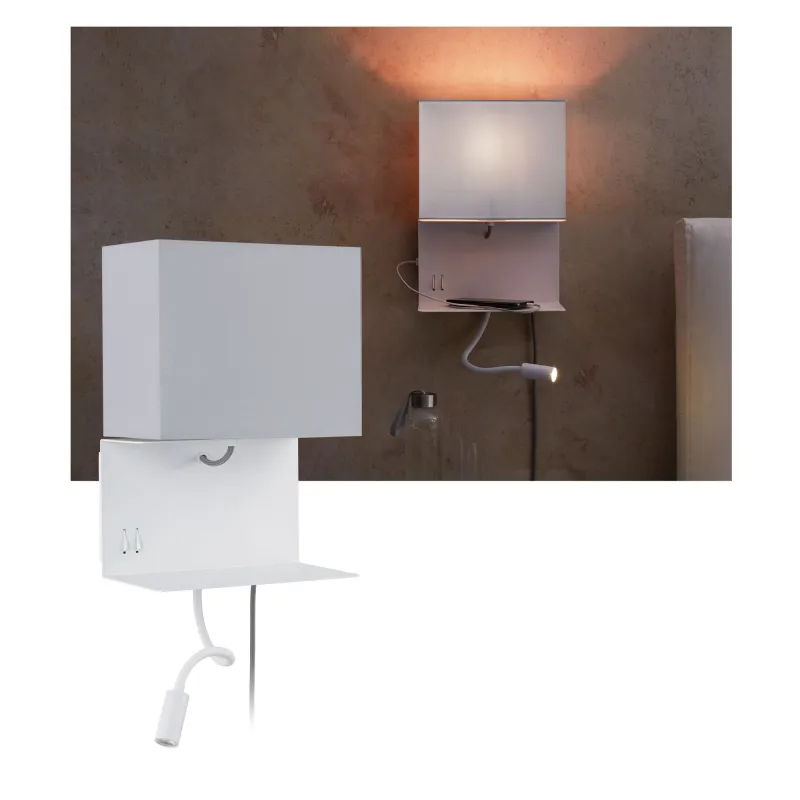 applique murale liseuse chargeur usb tablette étagère Merani E27 max. 40W/2,5W Beige/Blanc, tissu/Métal