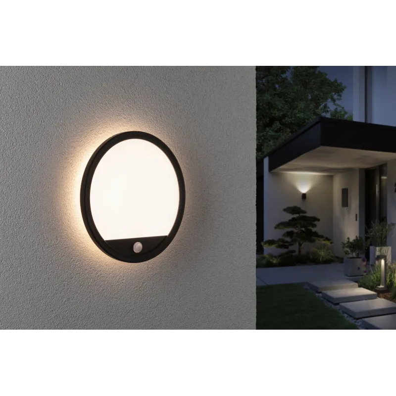 Panneau lamina 230V extérieur rond PIR noir IP44 15W 3000K