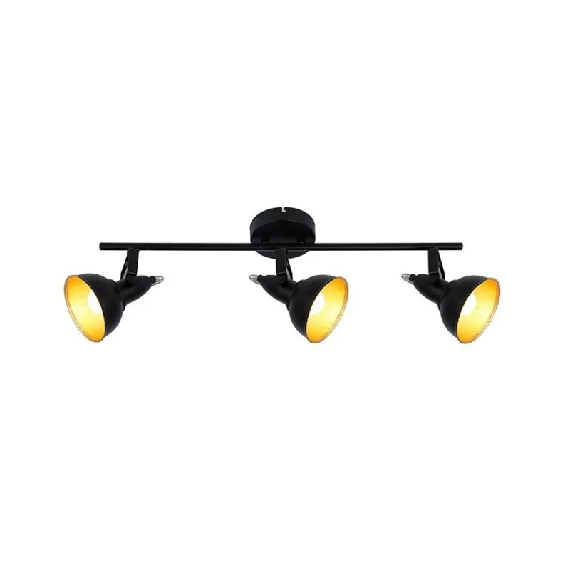 applique plafonnier triple tètes patère orientable noir reflecteur doré culot e14