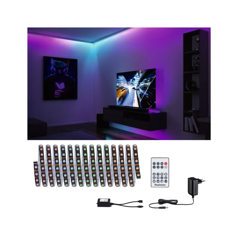 Kit Strip LED Dynamic 5m Rainbow RGB IP20 ?W 12V CC noir Métal