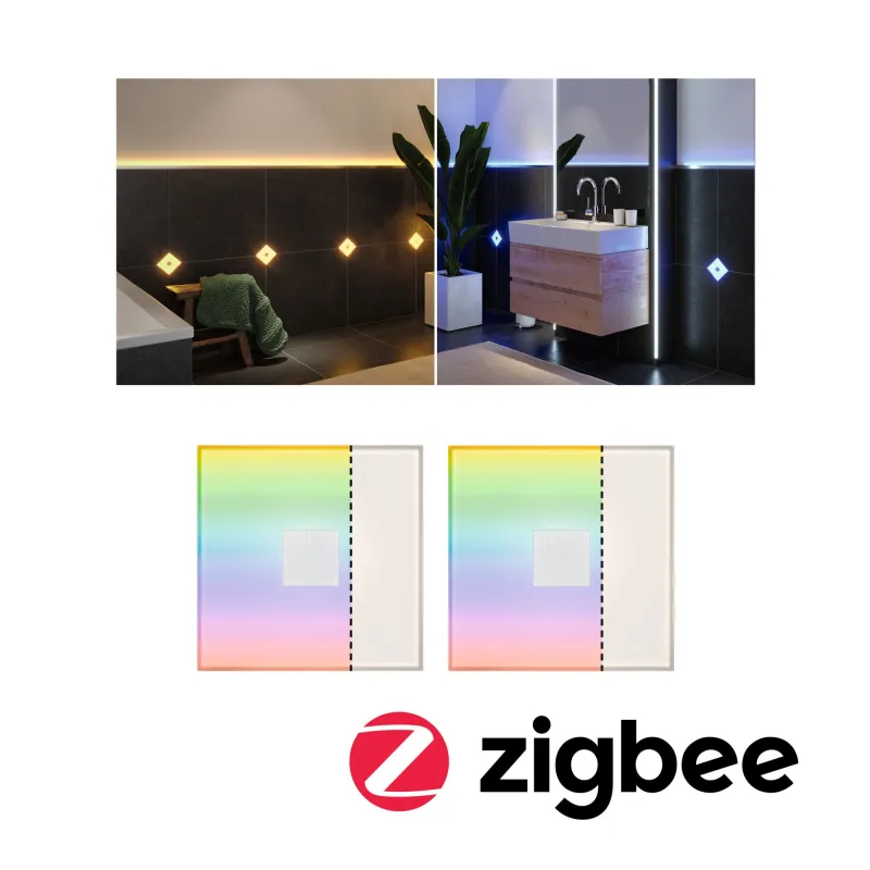 Carrelage LED RGBW encastrable 100x100 mm IP44 – Kit de 2 dalles lumineuses Zigbee pour salle de bain et cuisine