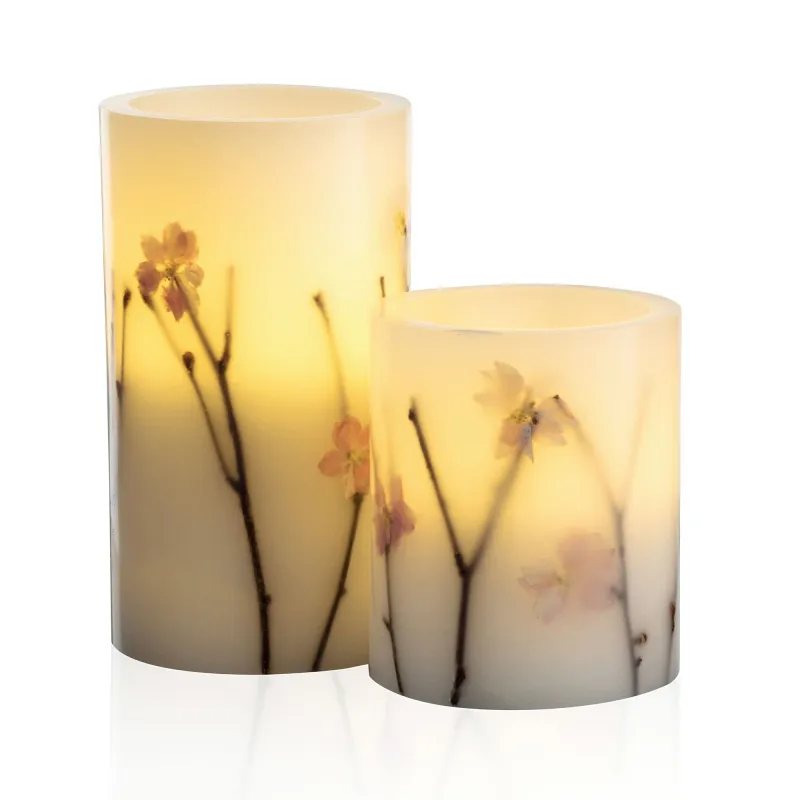 Kit 2 bougies cire Shiny Blossom Candle Pile Blanc/fleurs cire