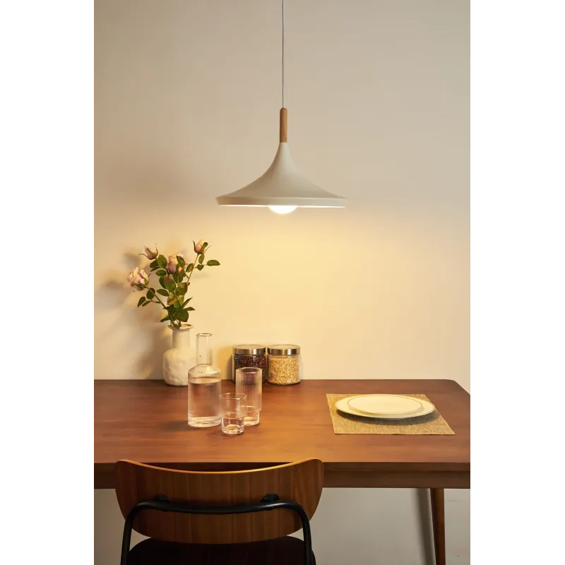 Suspension Pure Shine max20W E27 Blanc/bois 230V métal/bois