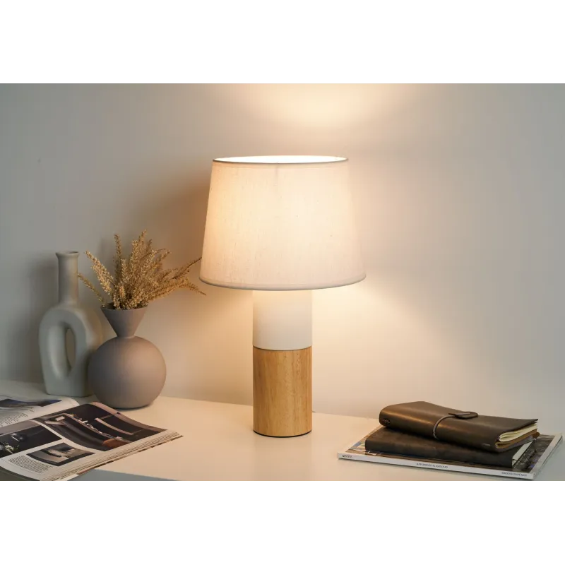 Lampe à poser Woody Elegance max20W E27 Bois/Blanc 230V Bois/tissu