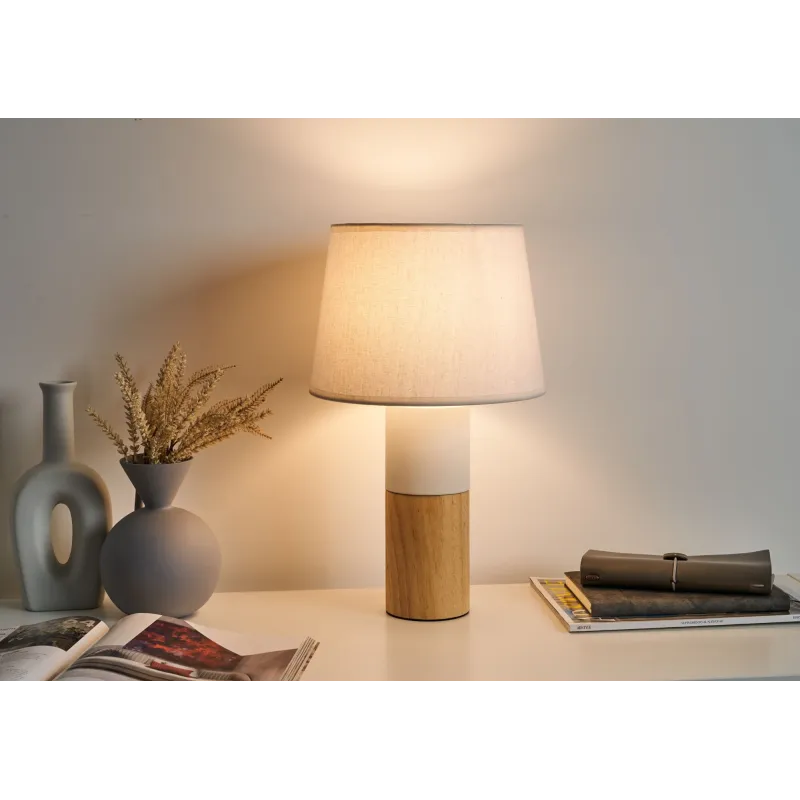 Lampe à poser Woody Elegance max20W E27 Bois/Blanc 230V Bois/tissu