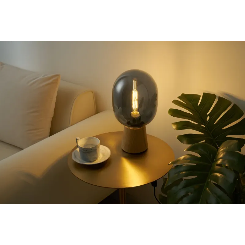Lampe à poser Mystical Gleam max20W E27 Verre fumé/Bois 230V Verre/Bois
