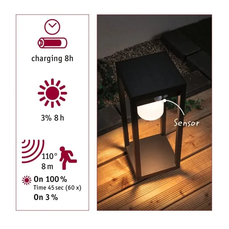 Objet lumineux extérieur solaire Marisol IP44 3000K PIR
