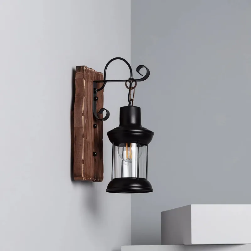 Applique murale noire culot e27 effet lanterne retro bois et métal