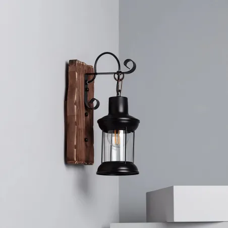 Applique murale noire culot e27 effet lanterne retro bois et métal