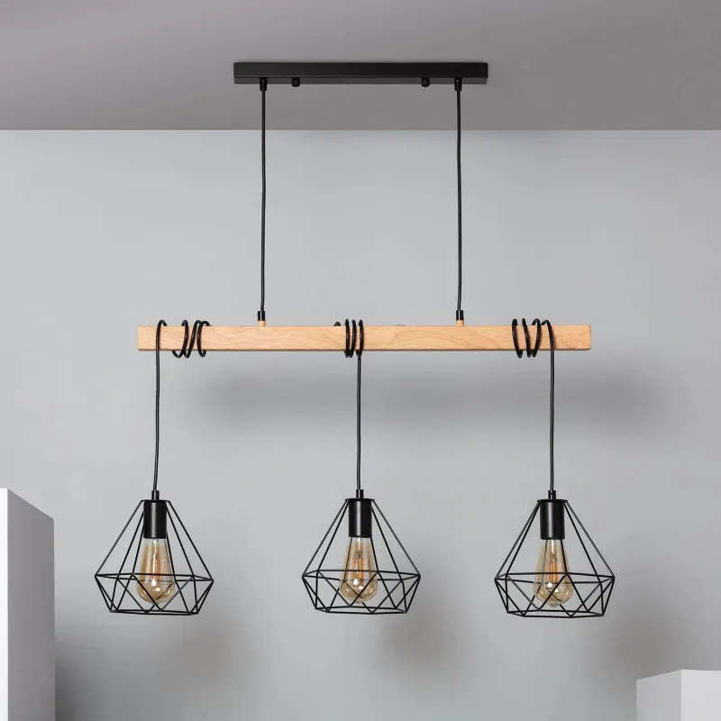 Plafonnier triple suspensions culot e27 bois et cage noire