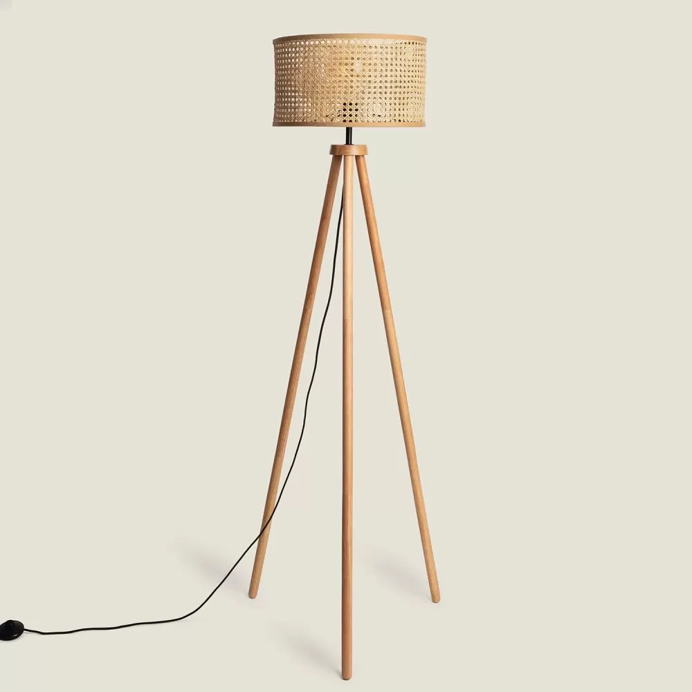 Lampadaire a poser bois rotin douille culot e27