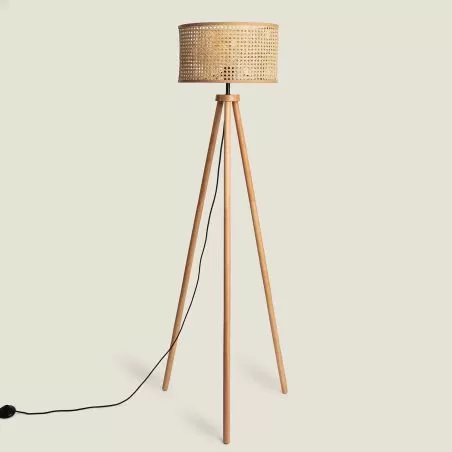 Lampadaire a poser bois rotin douille culot e27