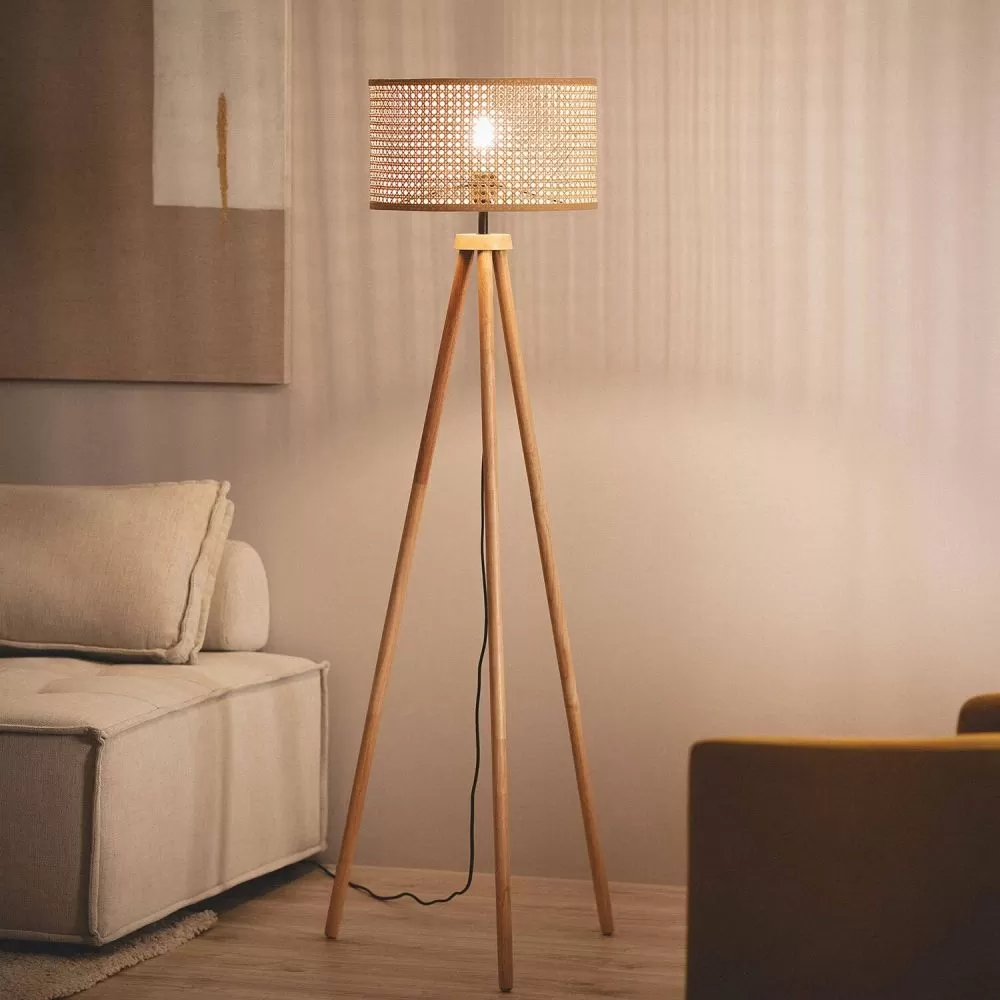 Lampadaire a poser bois rotin douille culot e27