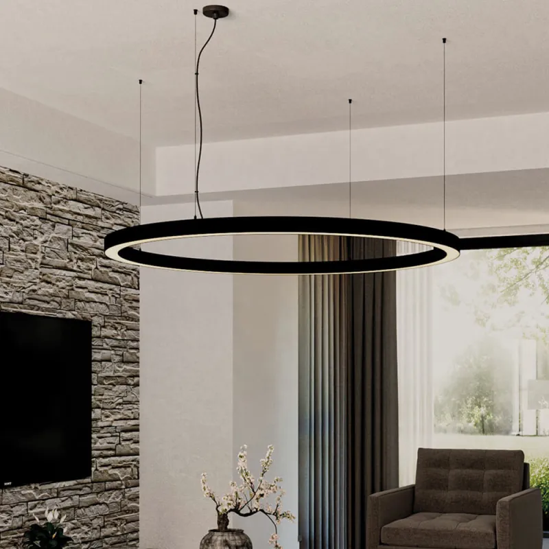 Suspension LED Cercle Noir 120 cm – 56W 7500 Lumens | Luminaire Design Moderne Bureau, Commerce et Intérieur Professionnel