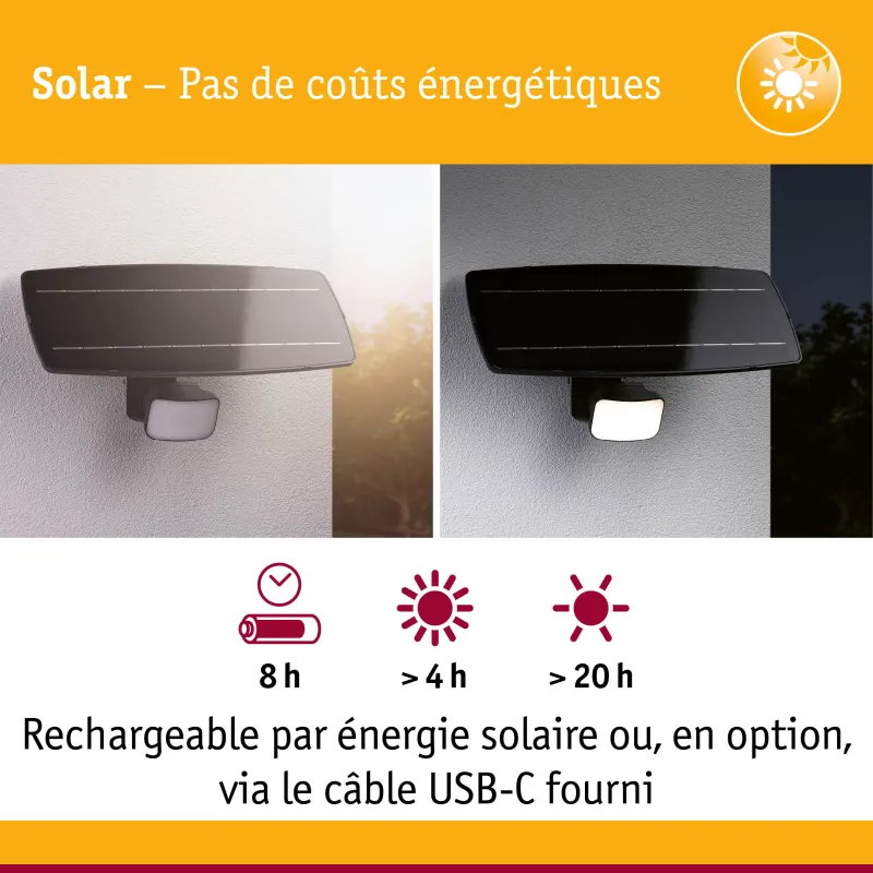 Applique projecteur solaire FLOTAS 700 lm IP65 détecteur de mouvement