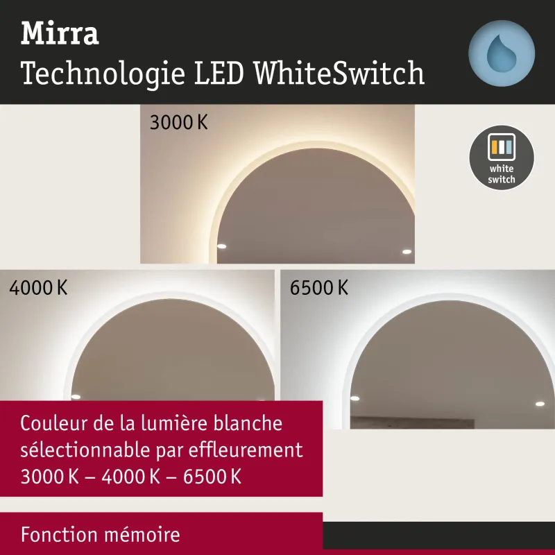 Miroir lumineux LED MIRRA IP44 1400 lm gradable avec anti-buée et White Switch
