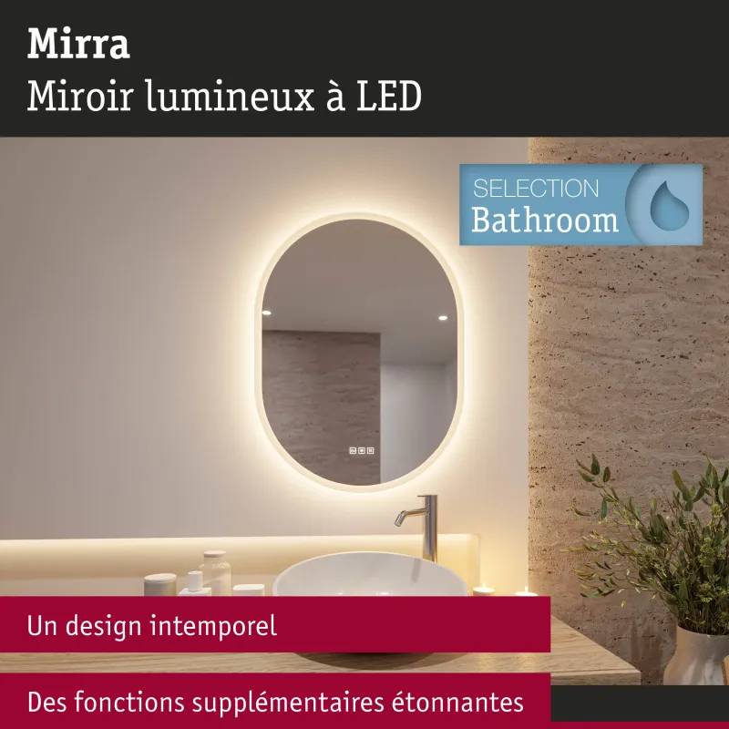 Miroir lumineux LED MIRRA IP44 1400 lm gradable avec anti-buée et White Switch