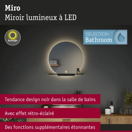Miroir lumineux LED MIRO noir mat 500 lm IP44 Tunable White salle de bain
