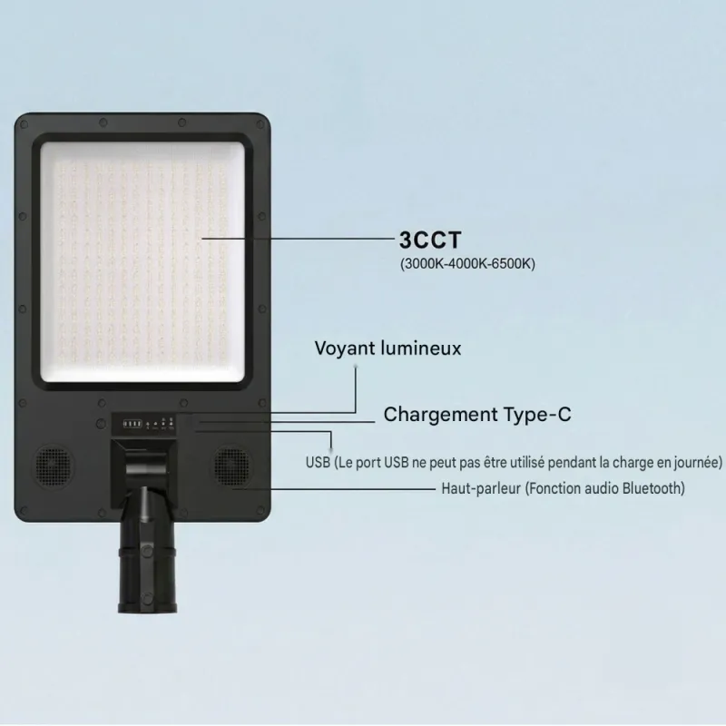 Lampadaire LED solaire Bluetooth 250 cm 2800 lm 3CCT avec détecteur PIR et télécommande IP65