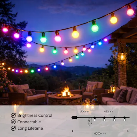 Guirlande LED RGBW 10 ampoules 6,5 m 220V – Éclairage multicolore avec blanc chaud pour extérieur