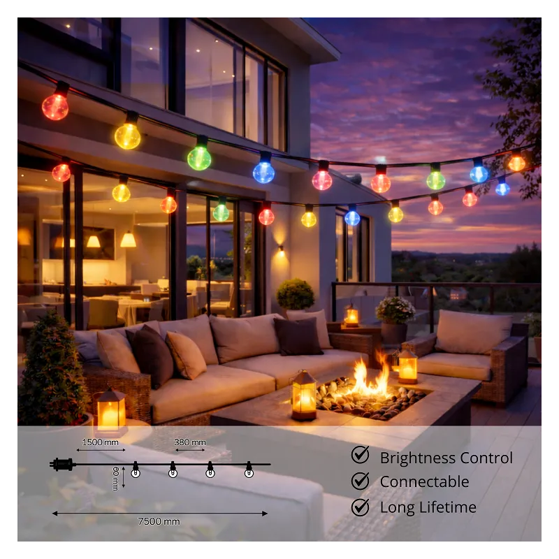 Guirlande LED RGBW 15 ampoules 7,5 m 220V – Éclairage extérieur multicolore pour terrasse et jardin