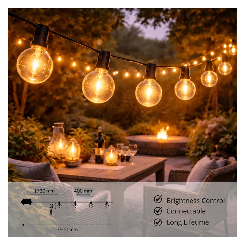 Guirlande LED Guinguette 15 Ampoules 7,5m Blanc Chaud 2700K 220V – Éclairage Terrasse et Jardin
