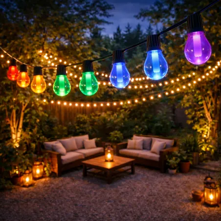 Guirlande LED RGBW 10 ampoules 6,5 m 220V – Éclairage multicolore avec blanc chaud pour extérieur