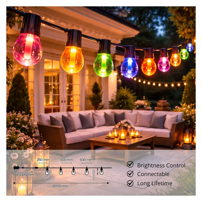 Guirlande LED RGBW 10 ampoules 6,5 m 220V – Éclairage multicolore avec blanc chaud pour extérieur