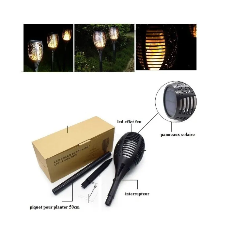 lanterne de jardin solaire led torche flambeau effet feu scintillent 
