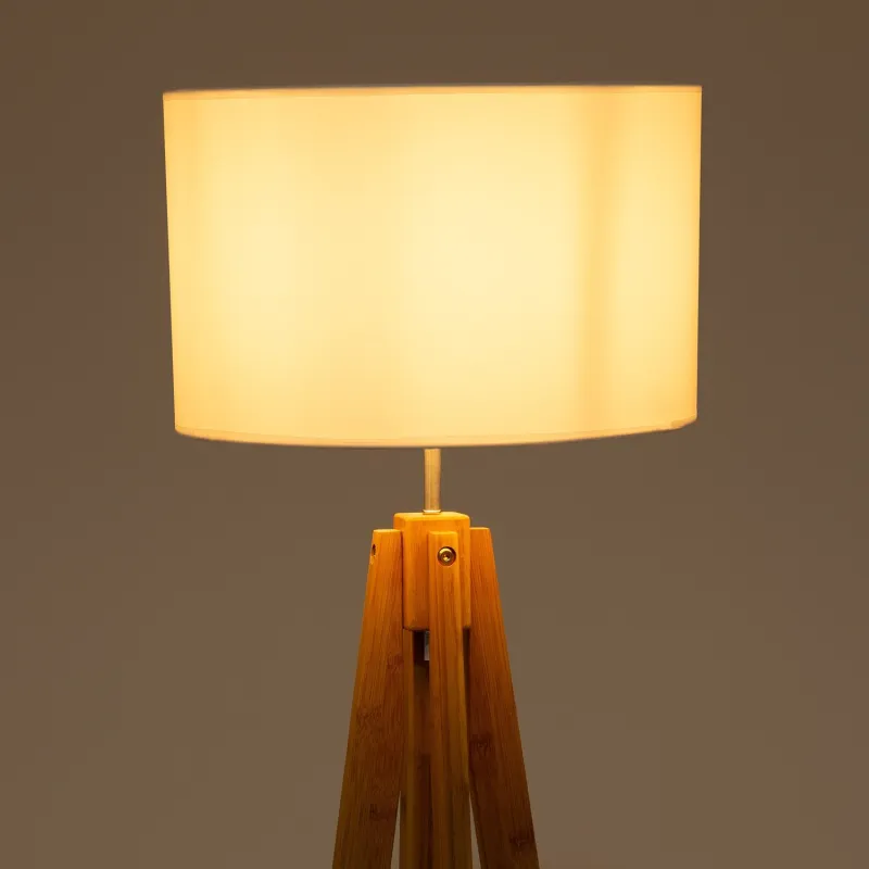 lampadaire sur pied bois 149 cm abat-jour blanc culot e27