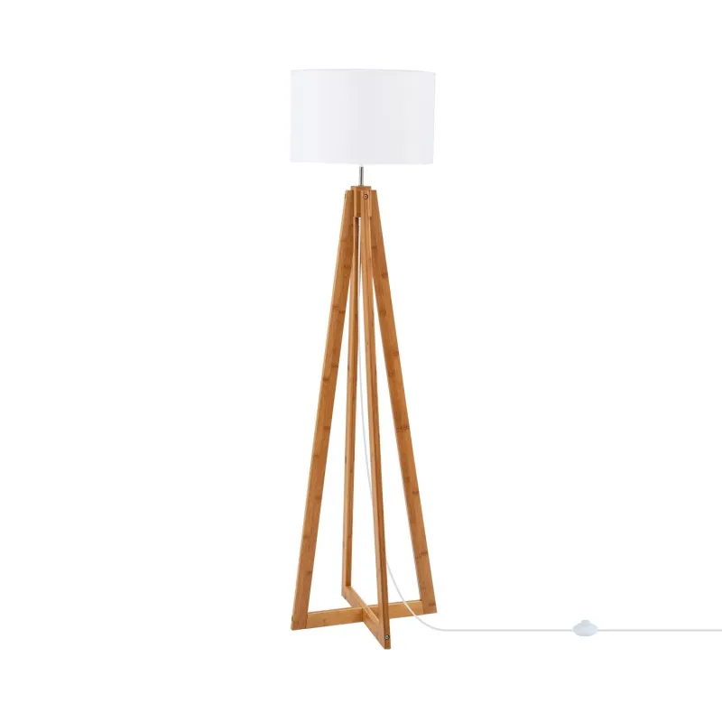 lampadaire sur pied bois 149 cm abat-jour blanc culot e27