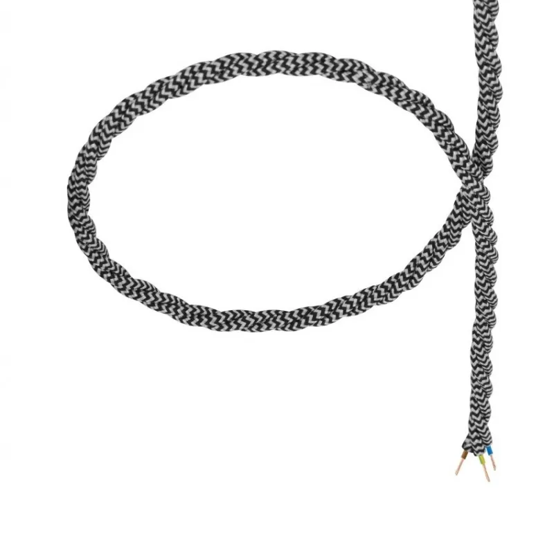 câble cordon tissu corde textile tressé noir et blanc au mètre