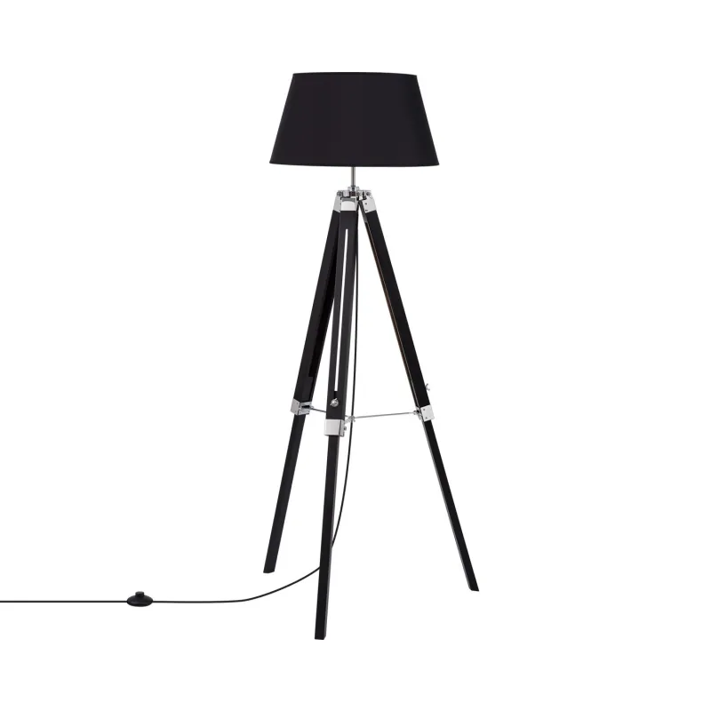 lampadaire 144cm abat-jour noir culot e27 pied bois reglable