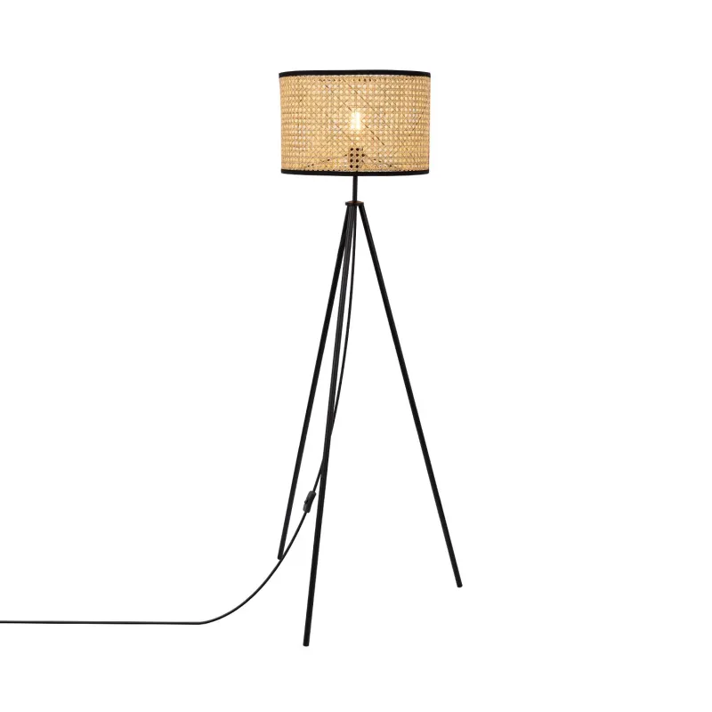lampadaire 145cm abat-jour rotin culot e27 pied noir