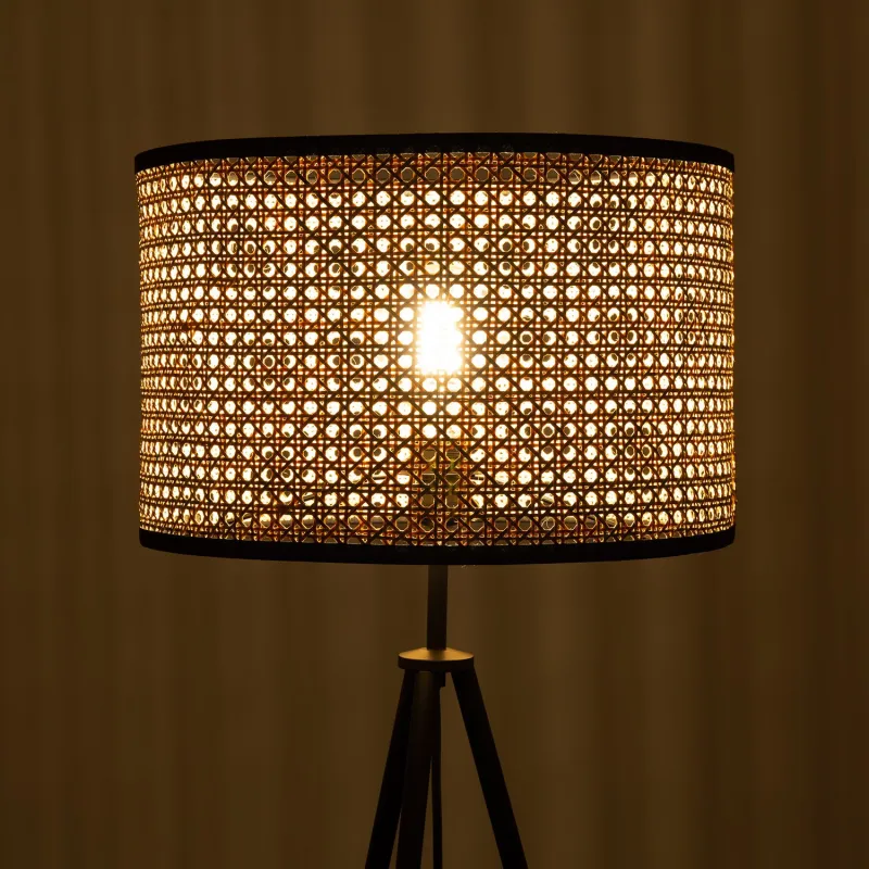 lampadaire 145cm abat-jour rotin culot e27 pied noir