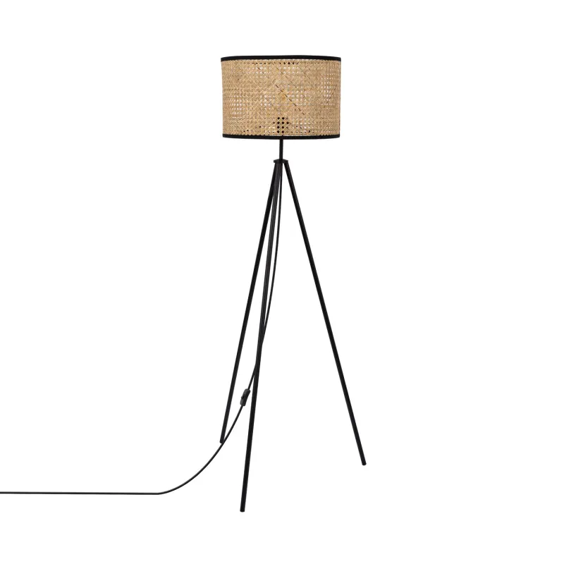 lampadaire 145cm abat-jour rotin culot e27 pied noir
